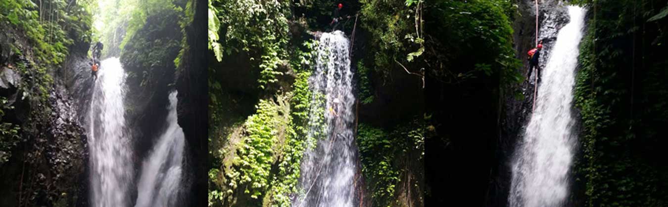 3 waterfalls with a person abseiling down